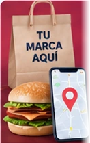 Bolsa de domicilios con la marca del comercio, hamburguesa y teléfono mostrando el pedido en el mapa